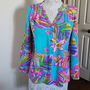 Lilly Pulitzer Sea Blue Summer Haze  Silk Blouse Size S